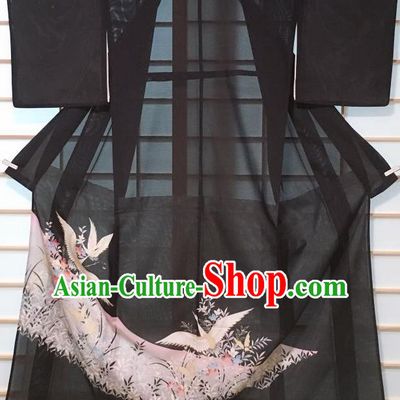Japanese Classical Printing Crane Black Kurotomesode Kimono Japan Traditional Yukata Dress Costume for Women