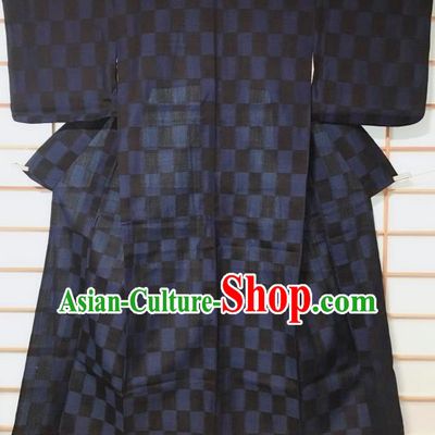 Traditional Japanese Classical Grid Pattern Black Kimono Asian Japan Yukata Costume for Men