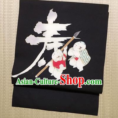Japanese Traditional Printing Black Waistband Japan Kimono Yukata Belt for Women