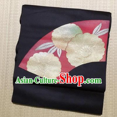 Japanese Traditional Printing Flowers Black Waistband Japan Kimono Yukata Belt for Women