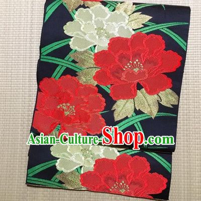Japanese Traditional Embroidered Peony Black Waistband Japan Kimono Yukata Belt for Women
