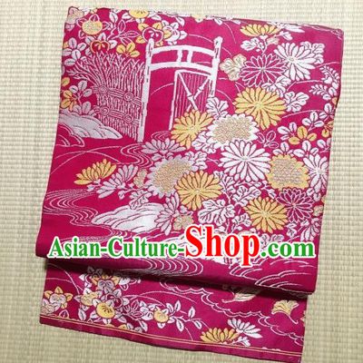 Japanese Traditional Embroidered Chrysanthemum Rosy Brocade Waistband Japan Kimono Yukata Belt for Women