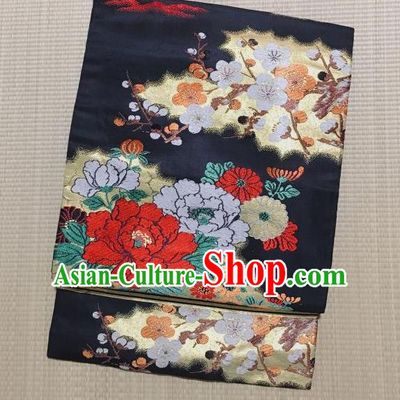 Japanese Nagoya Traditional Embroidered Peony Black Brocade Waistband Japan Kimono Yukata Belt for Women