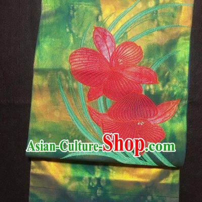 Japanese Nagoya Traditional Embroidered Green Brocade Waistband Japan Kimono Yukata Belt for Women