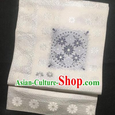 Japanese Nagoya Traditional Embroidered Pattern White Brocade Waistband Japan Kimono Yukata Belt for Women