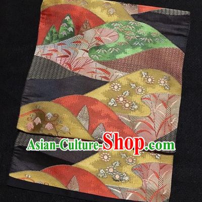 Japanese Nagoya Traditional Embroidered Black Brocade Waistband Japan Kimono Yukata Belt for Women