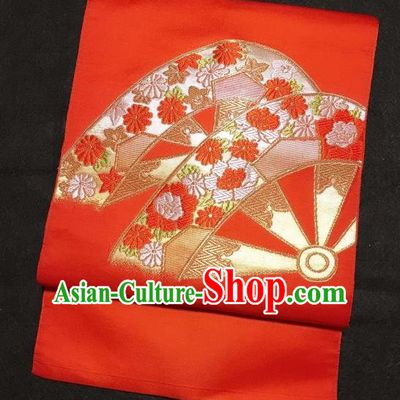 Japanese Nagoya Traditional Embroidered Orange Brocade Waistband Japan Kimono Yukata Belt for Women