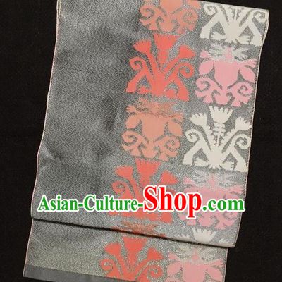 Japanese Nagoya Traditional Pattern Grey Brocade Waistband Japan Kimono Yukata Belt for Women