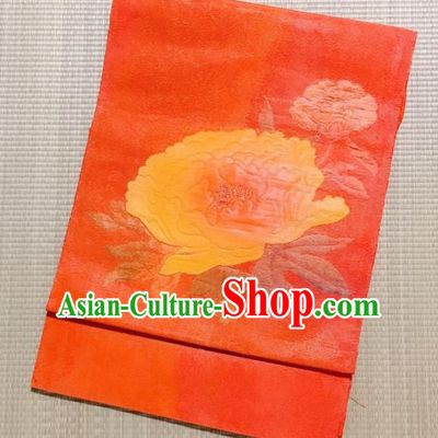 Japanese Nagoya Traditional Embroidered Peony Orange Brocade Waistband Japan Kimono Yukata Belt for Women