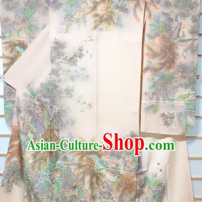 Japanese Classical Printing Peacock White Furisode Kimono Japan Traditional Yukata Dress Costume for Women