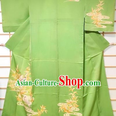 Japanese Classical Printing Egret Green Tsukesage Kimono Japan Traditional Yukata Dress Costume for Women