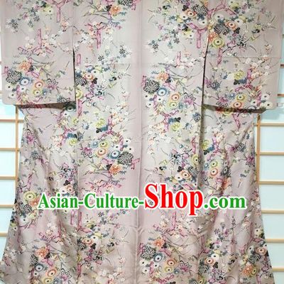 Japanese Classical Printing Chrysanthemum Grey Tsukesage Kimono Japan Traditional Yukata Dress Costume for Women