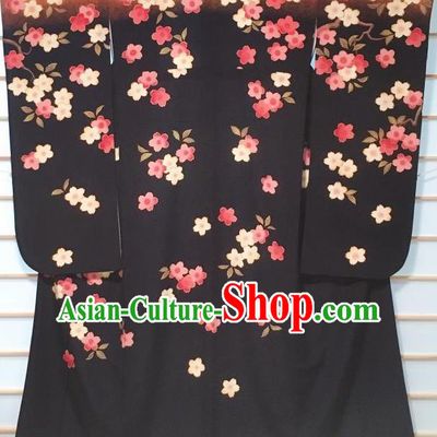 Japanese Classical Sakura Pattern Black Furisode Kimono Japan Traditional Yukata Dress Costume for Women