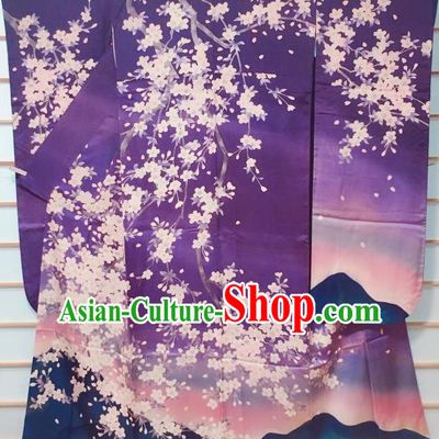 Japanese Classical Sakura Pattern Purple Furisode Kimono Japan Traditional Yukata Dress Costume for Women