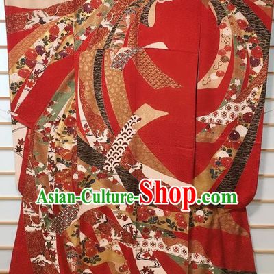 Japanese Classical Embroidered Crane Pattern Red Furisode Kimono Japan Traditional Yukata Dress Costume for Women