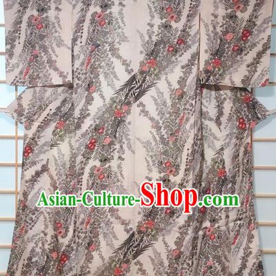 Traditional Japanese Grey Kimono Japan Classical Flowers Pattern Yukata Dress Costume for Women