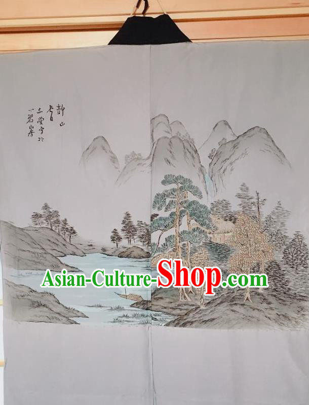 Traditional Japanese Ukiyoe Pattern Grey Hanten Kimono Japan Yukata Costume for Men