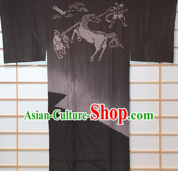 Traditional Japanese Horse Pattern Black Hanten Kimono Japan Yukata Costume for Men