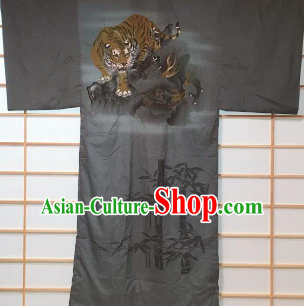 Traditional Japanese Dragon Tiger Pattern Black Hanten Kimono Japan Yukata Costume for Men