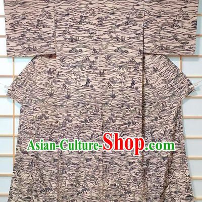 Japanese Classical Pattern Beige Edo Komon Kimono Japan Traditional Yukata Dress Costume for Women