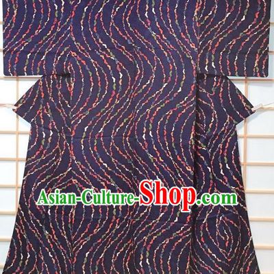 Japanese Classical Pattern Deep Blue Edo Komon Kimono Japan Traditional Yukata Dress Costume for Women