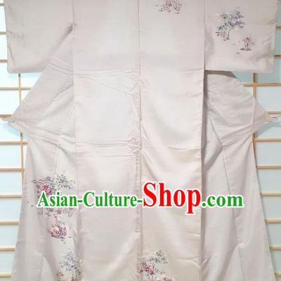 Traditional Japanese Grey Tsukesage Kimono Japan Classical Embroidered Chrysanthemum Pattern Yukata Dress Costume for Women
