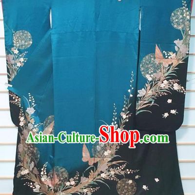 Traditional Japanese Peacock Blue Furisode Kimono Japan Classical Butterfly Pattern Yukata Dress Costume for Women