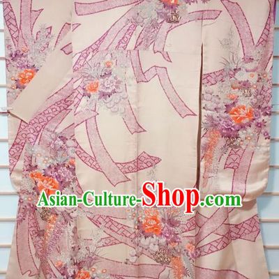 Traditional Japanese Light Pink Furisode Kimono Japan Classical Peony Pattern Yukata Dress Costume for Women