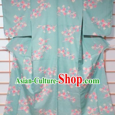 Traditional Japanese Green Kimono Japan Classical Flowers Pattern Yukata Dress Costume for Women