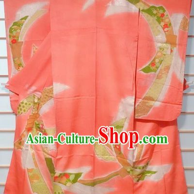Traditional Japanese Pink Furisode Kimono Japan Classical Auspicious Pattern Yukata Dress Costume for Women