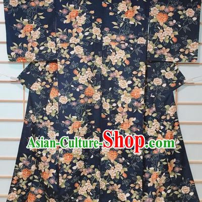 Japanese Classical Peony Chrysanthemum Pattern Navy Edo Komon Kimono Japan Traditional Yukata Dress Costume for Women