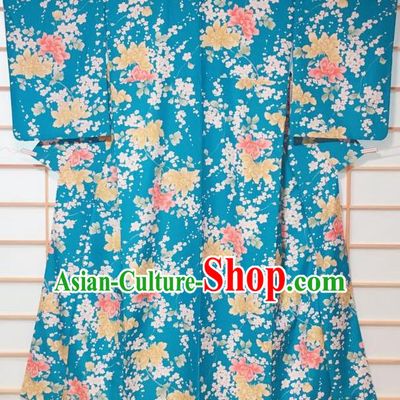 Japanese Classical Peony Pattern Blue Komon Kimono Japan Traditional Yukata Dress Costume for Women