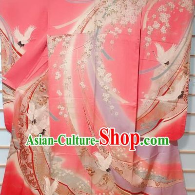 Japanese Classical Sakura Crane Pattern Pink Furisode Kimono Japan Traditional Yukata Dress Costume for Women