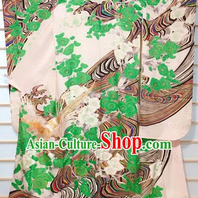 Japanese Classical Eagle Pine Pattern Furisode Kimono Japan Traditional Yukata Dress Costume for Women