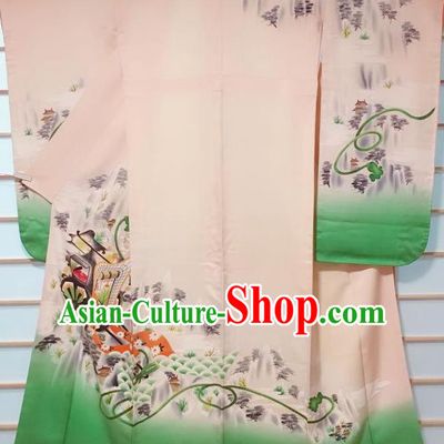 Japanese Classical Gharry Pattern Beige Furisode Kimono Japan Traditional Yukata Dress Costume for Women
