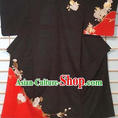 Japanese Classical Sakura Pattern Black Tsukesage Kimono Japan Traditional Yukata Dress Costume for Women