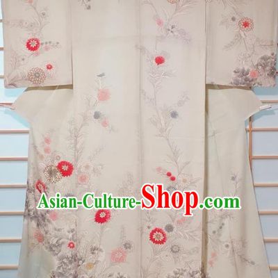 Japanese Classical Chrysanthemum Pattern Beige Tsukesage Kimono Japan Traditional Yukata Dress Costume for Women