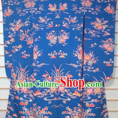 Japanese Classical Chrysanthemum Orchid Pattern Blue Furisode Kimono Japan Traditional Yukata Dress Costume for Women