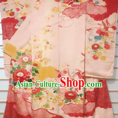 Japanese Classical Peony Chrysanthemum Pattern Pink Furisode Kimono Japan Traditional Yukata Dress Costume for Women