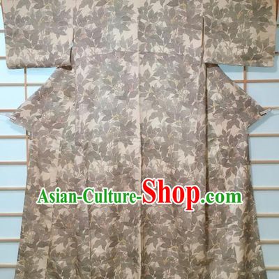 Japanese Classical Grey Leaf Pattern Kimono Japan Traditional Yukata Dress Costume for Women