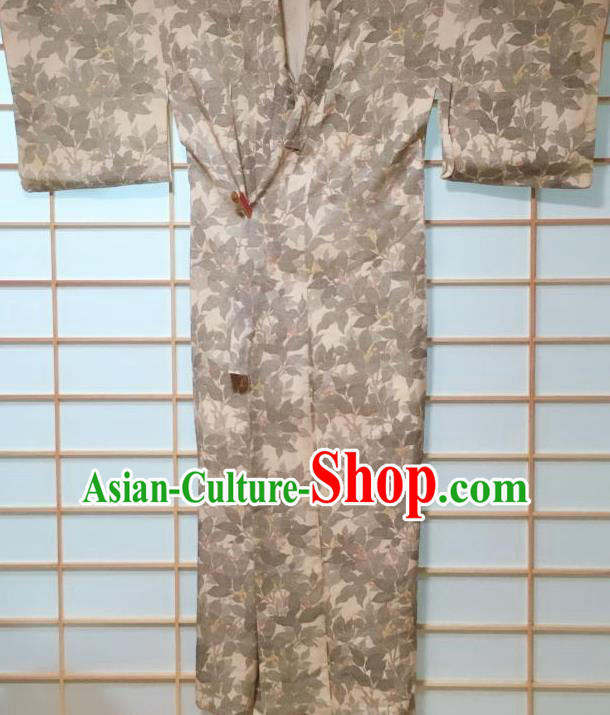 Japanese Classical Grey Leaf Pattern Kimono Japan Traditional Yukata Dress Costume for Women