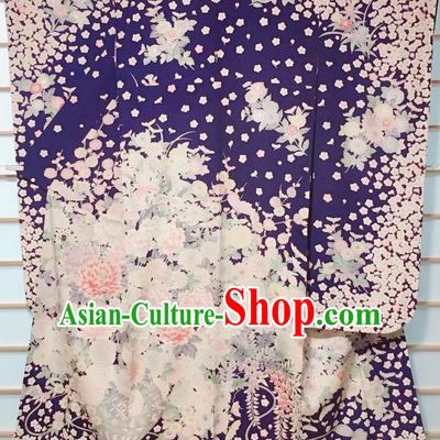 Japanese Classical Peony Pattern Royalblue Furisode Kimono Japan Traditional Yukata Dress Costume for Women