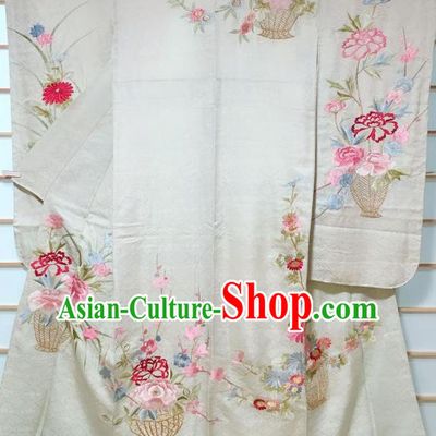 Japanese Classical Peony Vase Pattern Light Green Furisode Kimono Japan Traditional Yukata Dress Costume for Women
