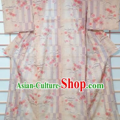 Japanese Classical Sakura Pattern Apricot Kimono Japan Traditional Yukata Dress Costume for Women