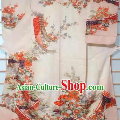 Japanese Classical Courtyard Chrysanthemum Pattern Beige Tsukesage Kimono Japan Traditional Yukata Dress Costume for Women