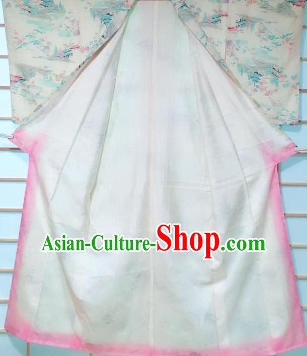 Japanese Classical Temple Pattern White Kimono Japan Traditional Yukata Dress Costume for Women