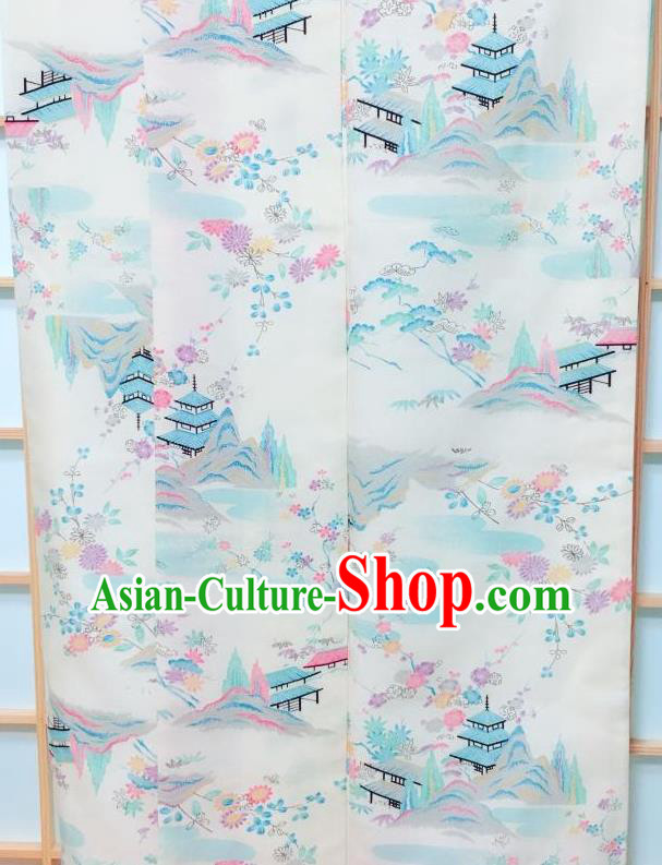 Japanese Classical Temple Pattern White Kimono Japan Traditional Yukata Dress Costume for Women