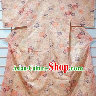 Japanese Classical Flowers Pattern Light Orange Kimono Japan Traditional Yukata Dress Costume for Women