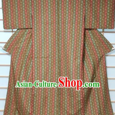 Japanese Classical Stripe Pattern Olive Green Kimono Japan Traditional Yukata Dress Costume for Women