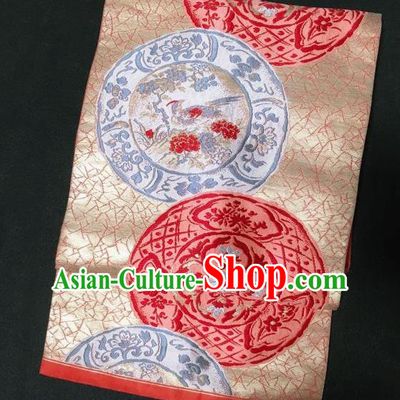 Japanese Nagoya Traditional Embroidered Birds Pattern Light Golden Brocade Waistband Japan Kimono Yukata Belt for Women